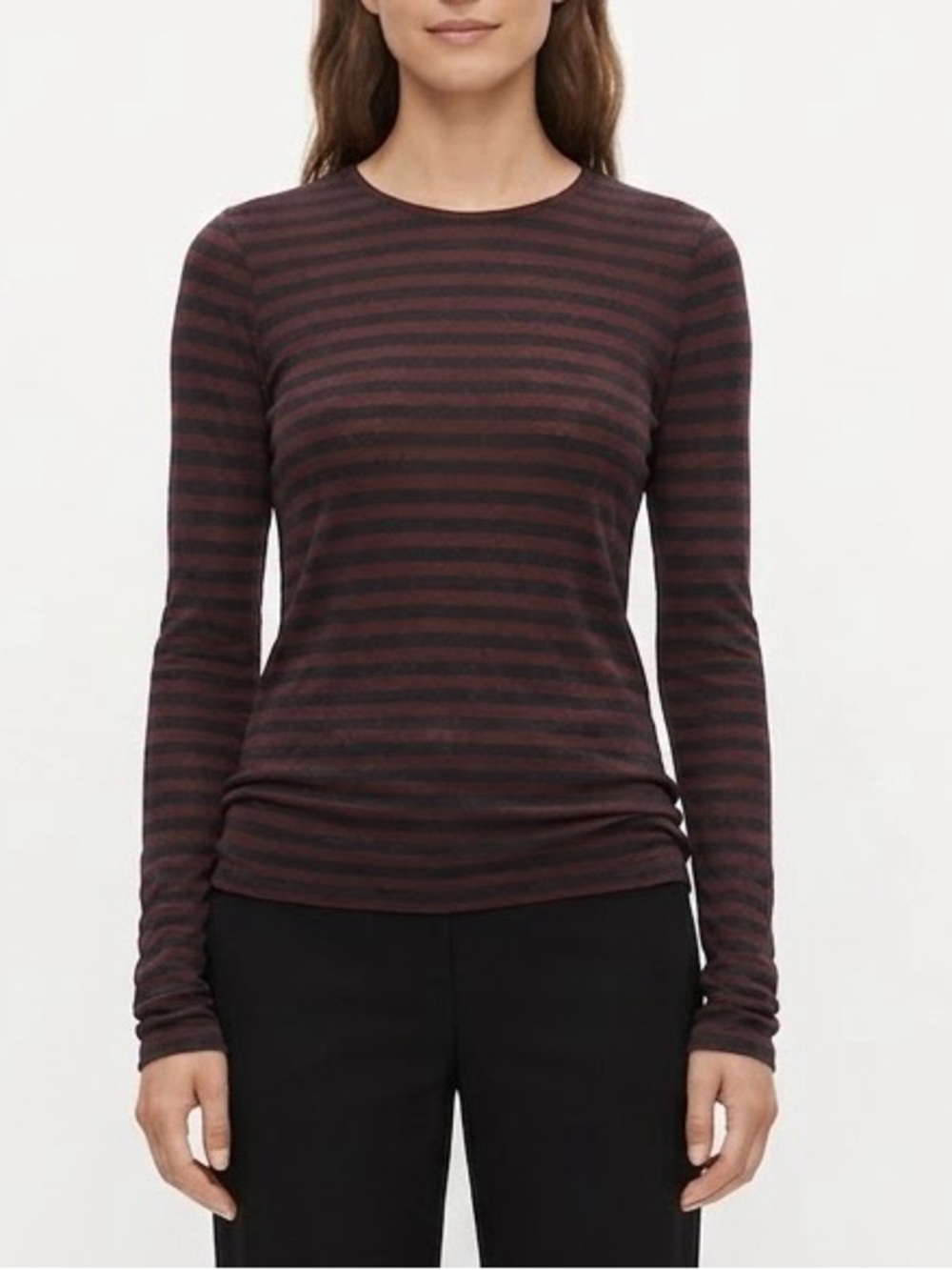 Vince Viscose Striped Long Sleeve Crewneck Top Navy Blue Maroon XL V611183382